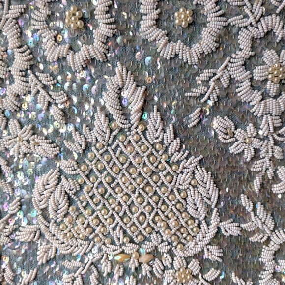 Vintage Regalia Imports Sequin Tank White Floral Beads on Blue Wool L - Picture 13 of 16